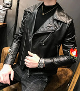 Brando Style Patches Leather Jacket Men, Black Fashion Outer Wear Studded, Sakata Butterfly Patch, Customize Biker's Punk Jacket,